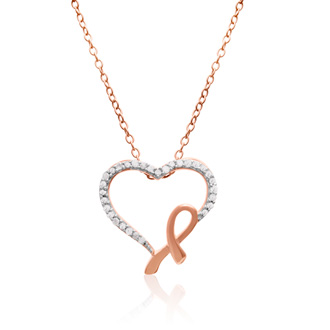 14K Breast Cancer Ribbon And Diamond Heart Necklace In Rose Gold Over Sterling Silver, 18 in.