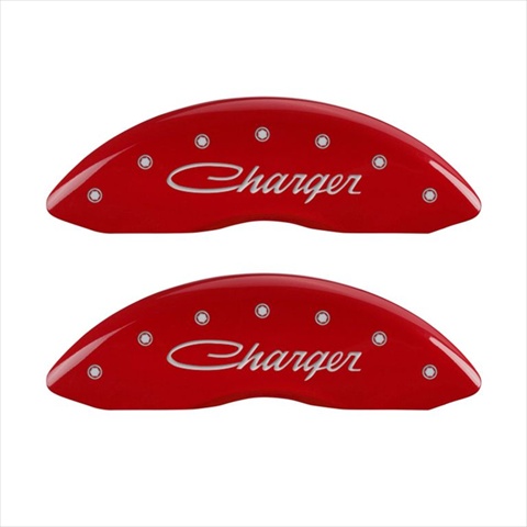 Picture of MGP Caliper Covers 12181SCHSRD Cursive & Charger Red Caliper Covers - Engraved Front & Rear&#44; Set of 4