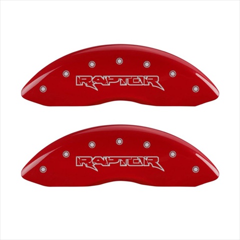 Picture of MGP Caliper Covers 10213SRPTRD Raptor Red Caliper Covers - Engraved Front & Rear&#44; Set of 4