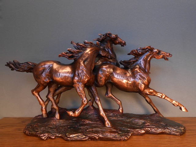 F Three Horses Galloping Bronze Plated Resin Sculpture