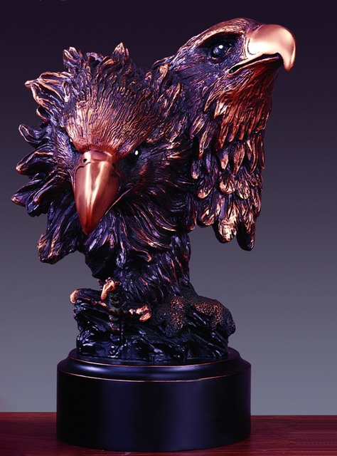 F Two Eagle Heads Bronze Plated Resin Sculpture