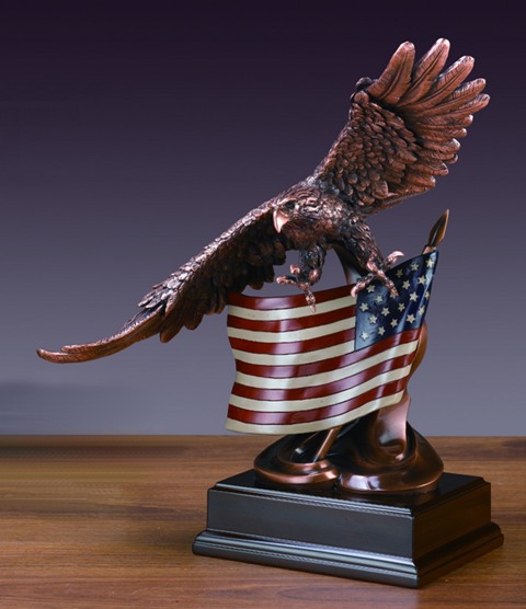 F Eagle With Flag Bronze Plated Resin Sculpture - 14 x 11 x 16 in.
