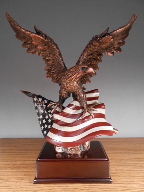 F Eagle With Flag Bronze Plated Resin Sculpture - 12 x 7 x 15 in.