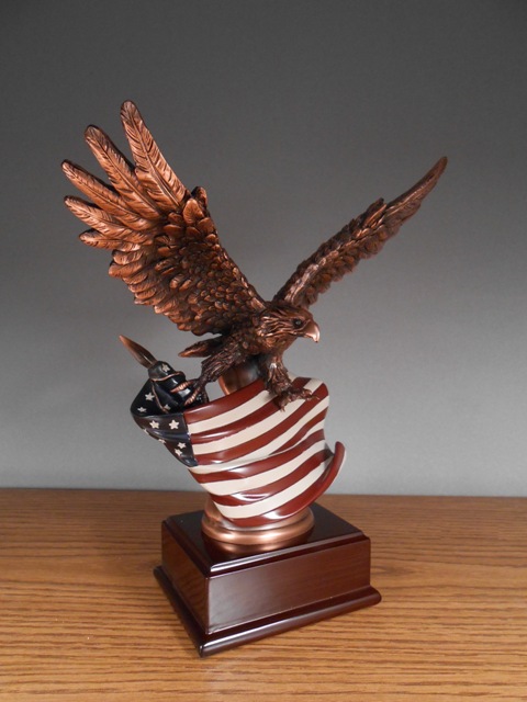 F Eagle With Flag Bronze Plated Resin Sculpture - 8.5 x 5 x 10 in.