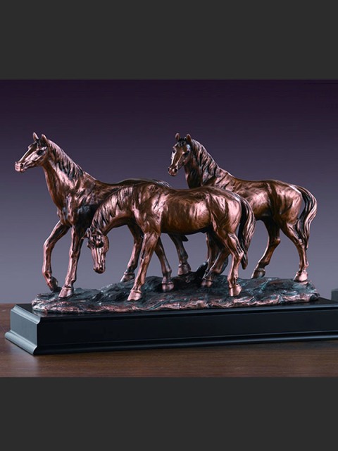 F Three Horses Grazing Bronze Plated Resin Sculpture