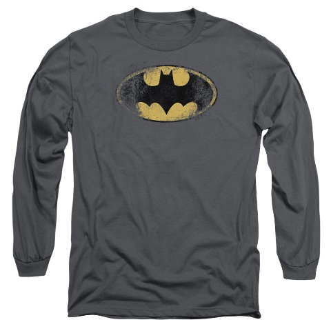 Batman-Destroyed Logo - Long Sleeve Adult 18-1 Tee - Charcoal- Small
