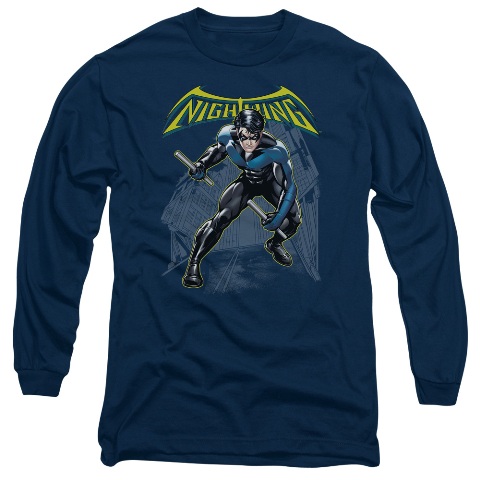 Batman-Nightwing - Long Sleeve Adult 18-1 Tee - Navy- Medium