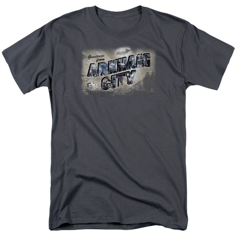 Arkham City-Greetings From Arkham - Short Sleeve Adult 18-1 Tee - Charcoal- Medium