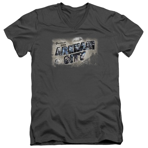 Arkham City-Greetings From Arkham - Short Sleeve Adult 30-1 Tee - Charcoal, Medium