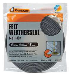 5/8"W x 3/16"H x 17'L, Felt Weatherseal, Gray