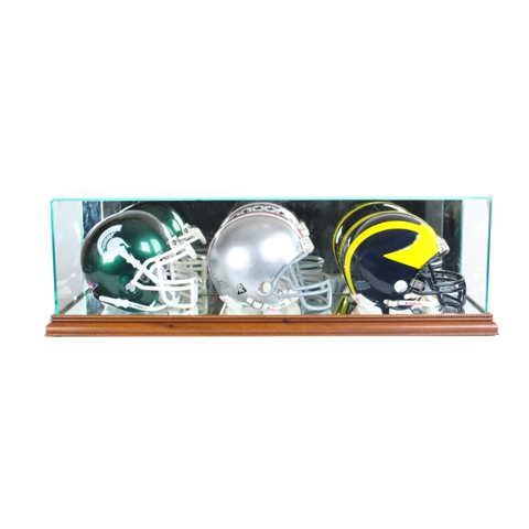 Triple Mini Football Helmet Display Case - Walnut