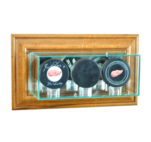 WMTRPPK-W Wall Mounted Triple Puck Display Case- Walnut