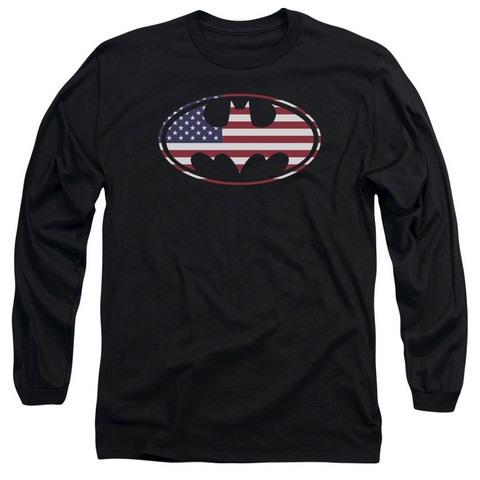 Batman-American Flag Oval - Long Sleeve Adult 18-1 Tee - Black- Medium