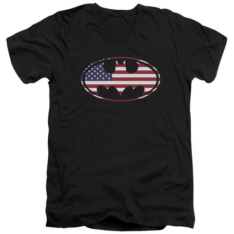 Batman-American Flag Oval - Short Sleeve Adult 30-1 Tee - Black- Medium