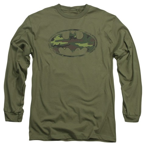 Batman-Distressed Camo Shield - Long Sleeve Adult 18-1 Tee - Military Green- Medium