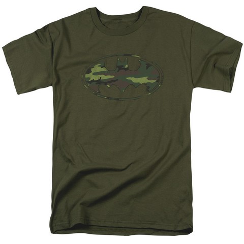 Batman-Distressed Camo Shield - Short Sleeve Adult 18-1 Tee - Military Green- Medium