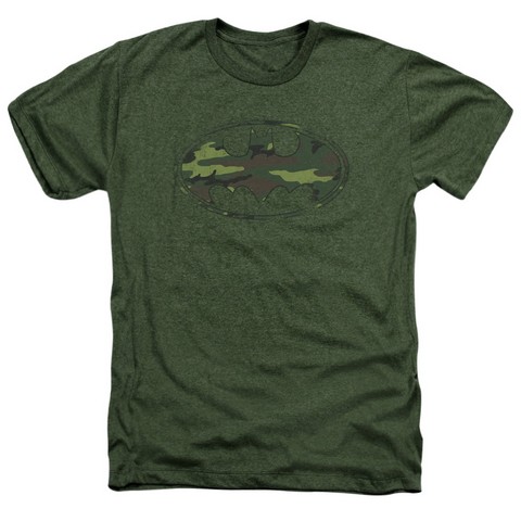 Batman-Distressed Camo Shield - Adult Heather Tee - Military Green- Large