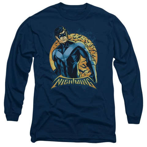 Batman-Nightwing Moon - Long Sleeve Adult 18-1 Tee - Navy- Small