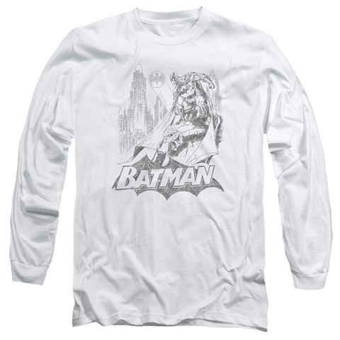 Batman-Bat Sketch - Long Sleeve Adult 18-1 Tee - White- Medium