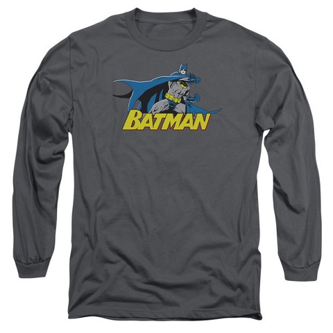 Batman-8 Bit Cape - Long Sleeve Adult 18-1 Tee - Charcoal- Medium