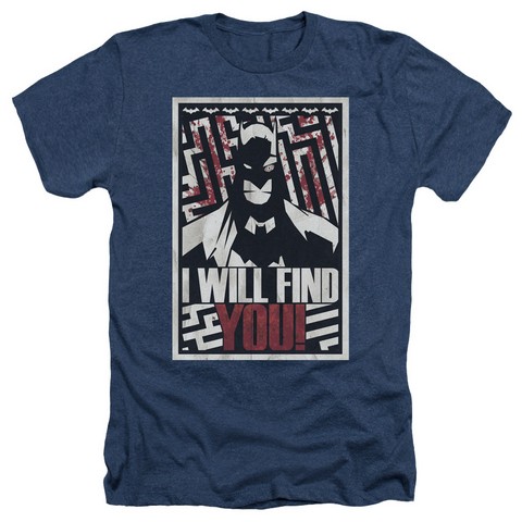 Batman-I Will Fnd You - Adult Heather Tee - Navy- Medium