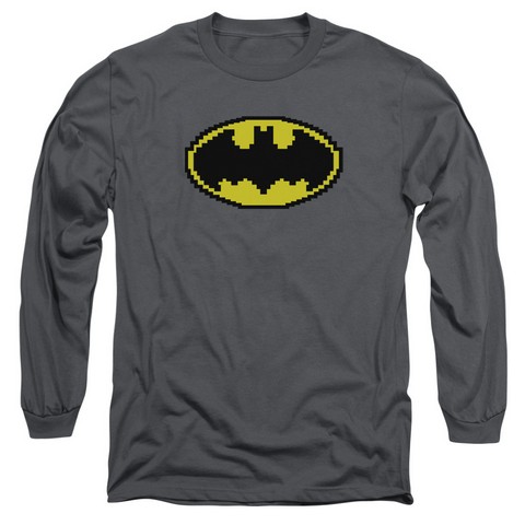 Batman-Pixel Symbol - Long Sleeve Adult 18-1 Tee - Charcoal- Large