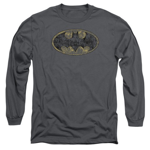 Batman-Tattered Logo - Long Sleeve Adult 18-1 Tee - Charcoal- Medium