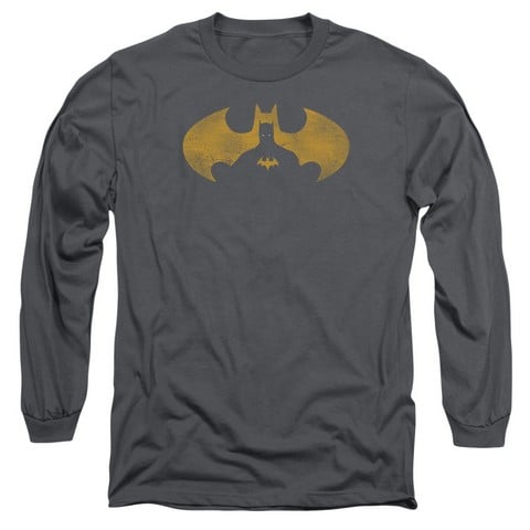 Batman-Bat Symbol Knockout - Long Sleeve Adult 18-1 Tee - Charcoal- 2X