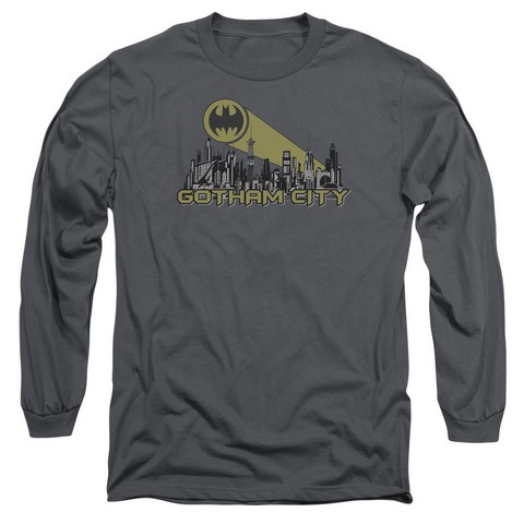 Batman-Gotham Skyline - Long Sleeve Adult 18-1 Tee - Charcoal- 2X