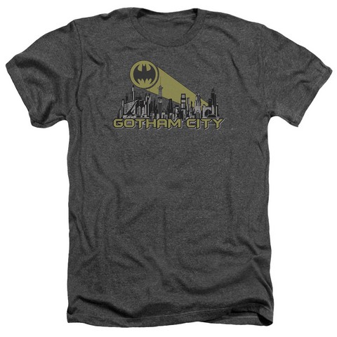 Batman-Gotham Skyline - Adult Heather Tee - Charcoal- 2X
