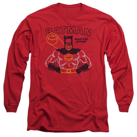 Batman-Ready For Action - Long Sleeve Adult 18-1 Tee - Red- Medium