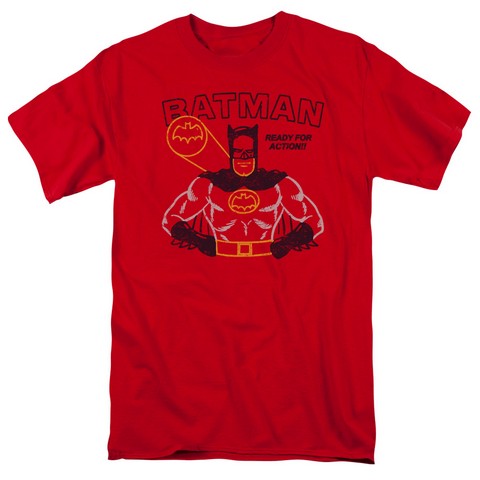 Batman-Ready For Action - Short Sleeve Adult 18-1 Tee - Red- Small