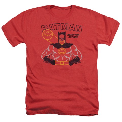 Batman-Ready For Action - Adult Heather Tee - Red- Extra Large