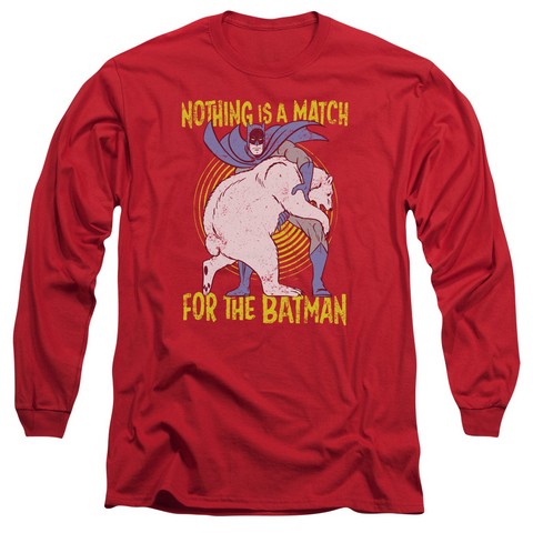 Batman-Bear Wrastling - Long Sleeve Adult 18-1 Tee - Red- Small
