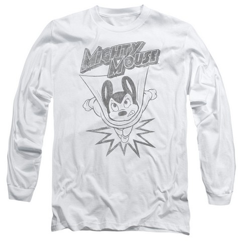 Mighty Mouse-Bursting Out - Long Sleeve Adult 18-1 Tee - White- Small