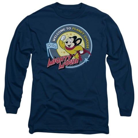 Mighty Mouse-Planet Cheese - Long Sleeve Adult 18-1 Tee - Navy- Large