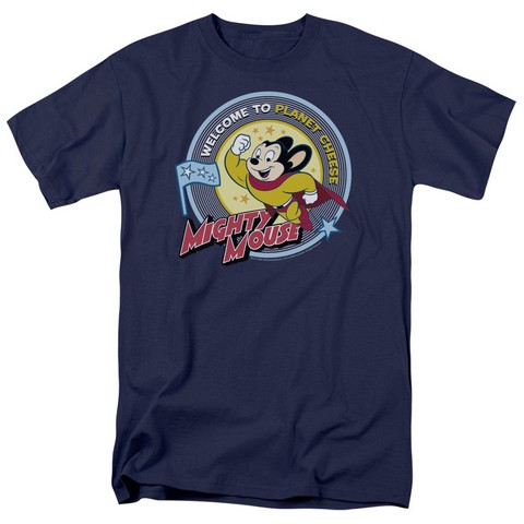 Mighty Mouse-Planet Cheese - Short Sleeve Adult 18-1 Tee - Navy- Large