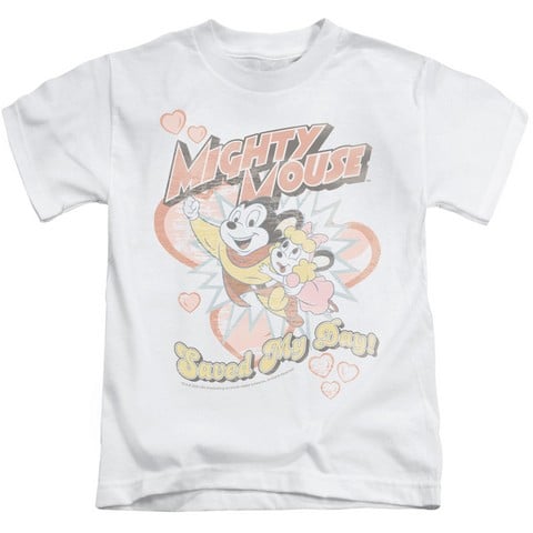 Mighty Mouse-Saved My Day - Short Sleeve Juvenile 18-1 Tee - White- Medium 5-6