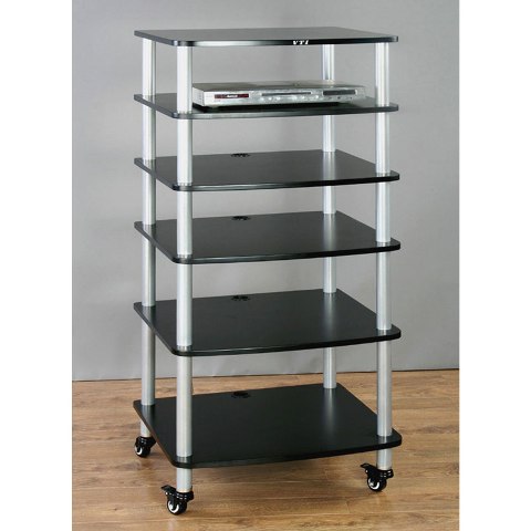 Picture of VTI Manufacturing AR406SB 4 Silver Poles 6 Black Shelves With Caster AV Stand