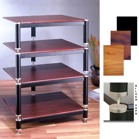 Picture of VTI Manufacturing BL304SSB 3 Silver Capspike Silver Poles 4 Black Shelves AV Stand