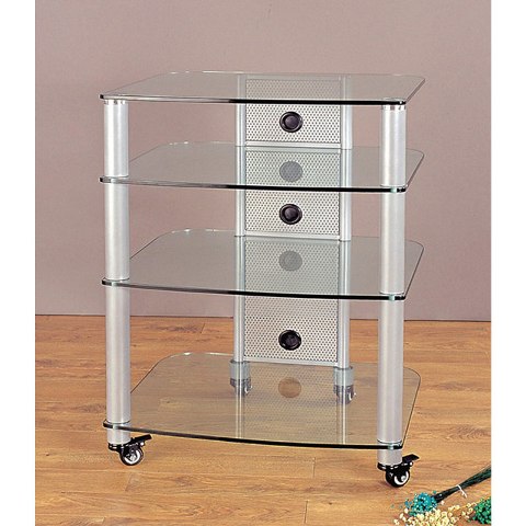 Picture of VTI Manufacturing NGR404SW Silver Poles 4 Clear Glass Shelves AV Stand