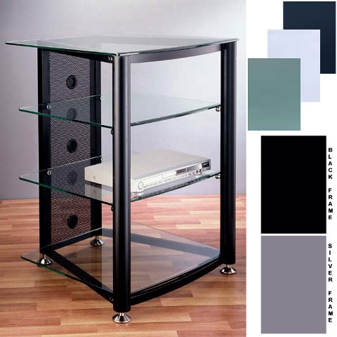 Picture of VTI Manufacturing RGR404SF 4 Silver Poles 4 Frosted Glass Shelves AV Stand