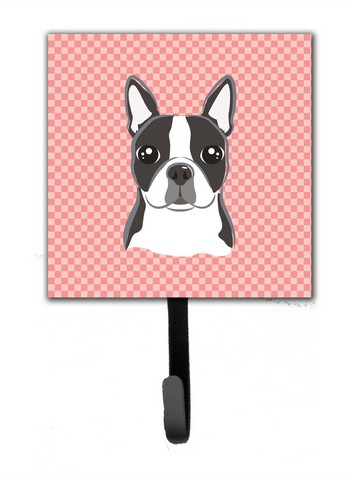 Wall Hooks, Checkerboard Pink Boston Terrier Leash & Key Holder