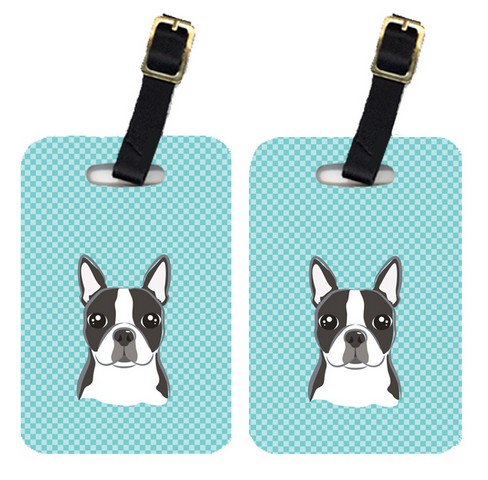 Pair Of Checkerboard Blue Boston Terrier Luggage Tags