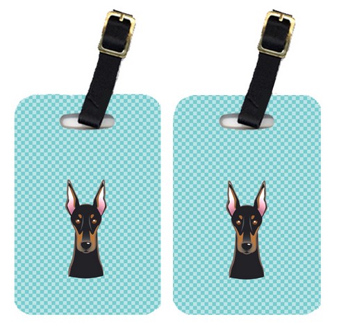 Pair Of Checkerboard Blue Doberman Luggage Tags