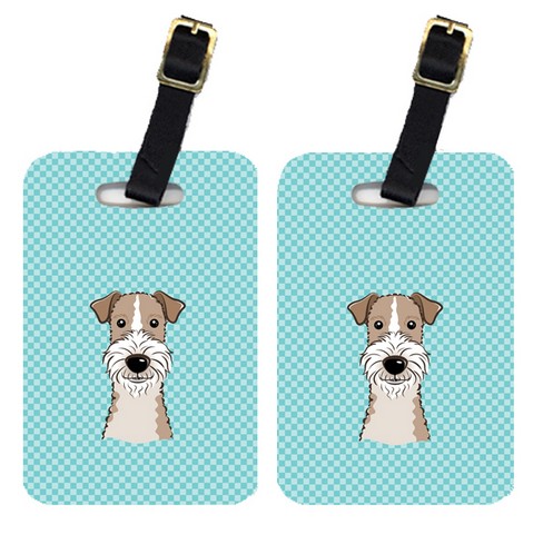 Pair Of Checkerboard Blue Wire Haired Fox Terrier Luggage Tags