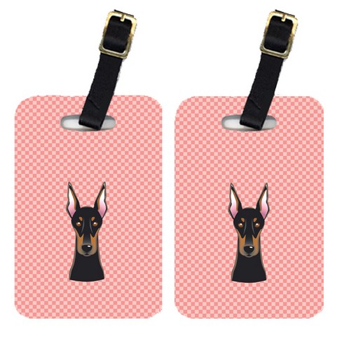 BB1245BT Pair Of Checkerboard Pink Doberman Luggage Tags
