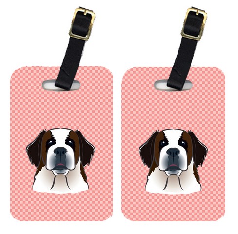Pair Of Checkerboard Pink Saint Bernard Luggage Tags
