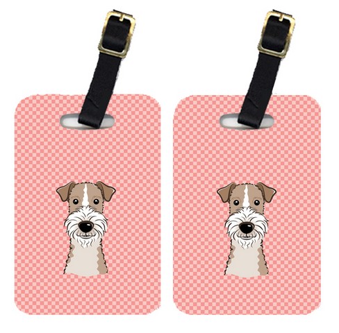 Pair Of Checkerboard Pink Wire Haired Fox Terrier Luggage Tags