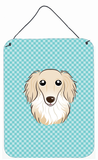 Checkerboard Blue Longhair Creme Dachshund Wall and Door Hanging Prints